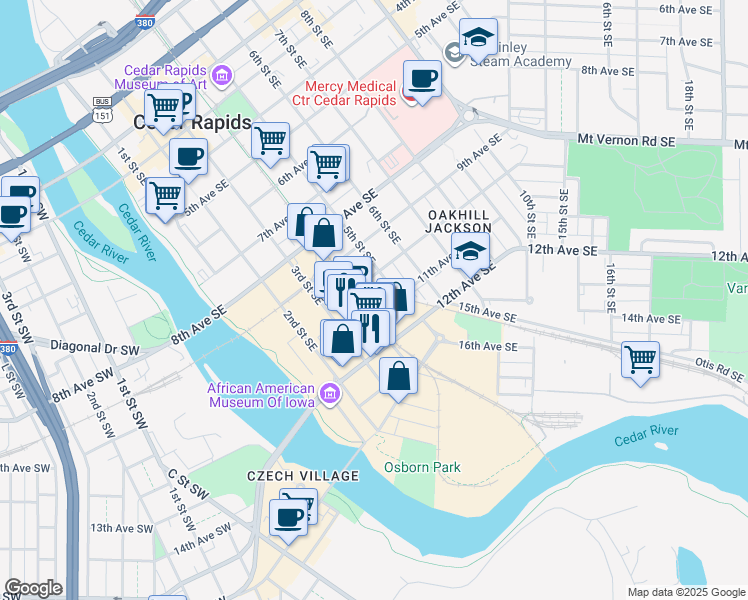 map of restaurants, bars, coffee shops, grocery stores, and more near 1120 Depot Lane Southeast in Cedar Rapids