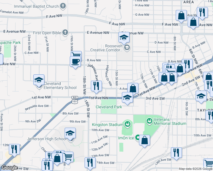 map of restaurants, bars, coffee shops, grocery stores, and more near 100-198 16th Street Northwest in Cedar Rapids