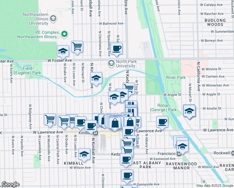 map of restaurants, bars, coffee shops, grocery stores, and more near 5000 North Sawyer Avenue in Chicago