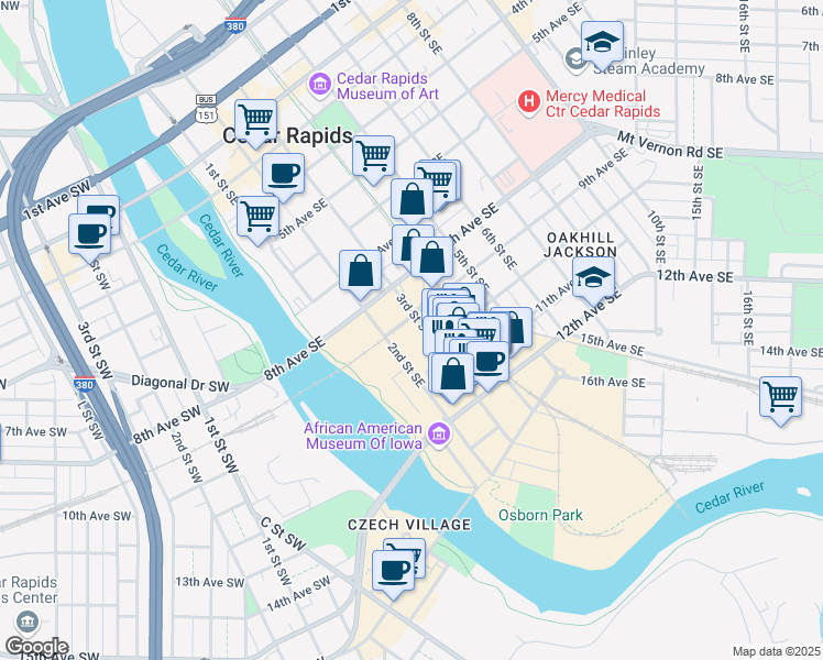map of restaurants, bars, coffee shops, grocery stores, and more near 905 3rd Street Southeast in Cedar Rapids