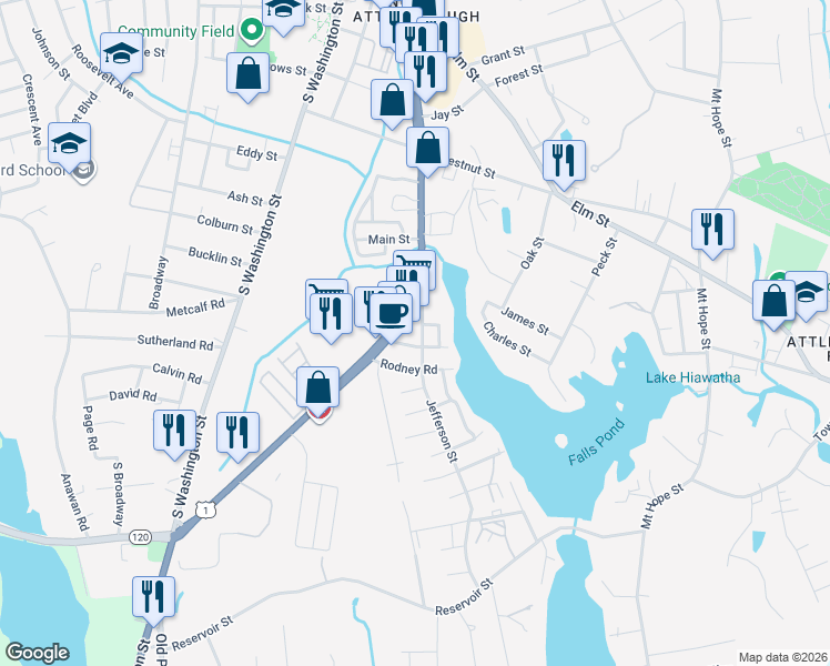 map of restaurants, bars, coffee shops, grocery stores, and more near 83 Jefferson Street in North Attleborough