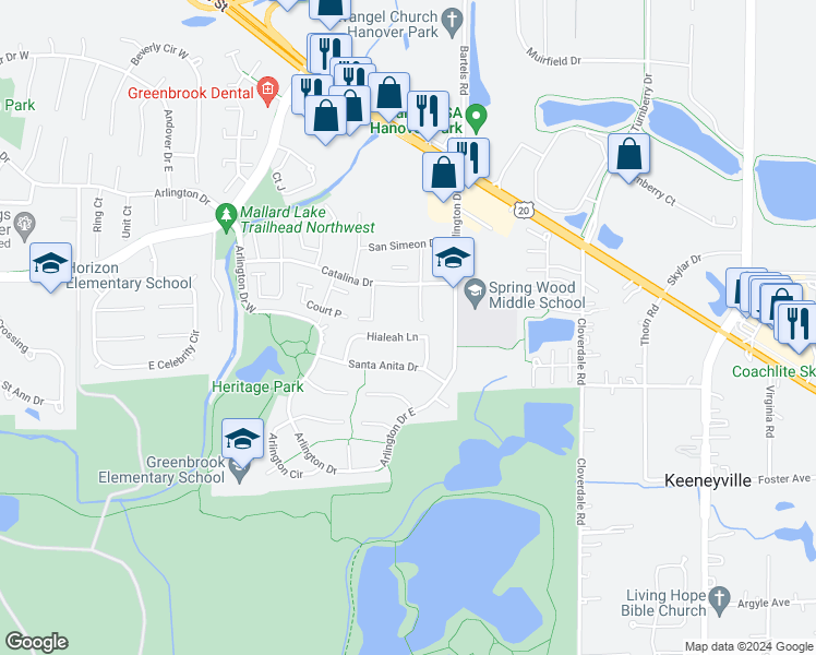 map of restaurants, bars, coffee shops, grocery stores, and more near 1191 Hialeah Lane in Hanover Park