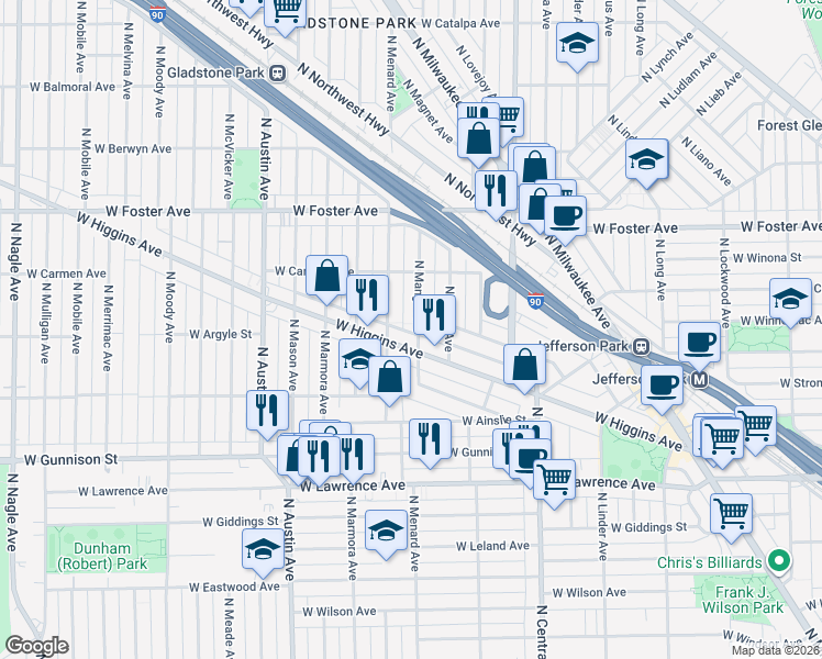 map of restaurants, bars, coffee shops, grocery stores, and more near 5747 West Higgins Avenue in Chicago