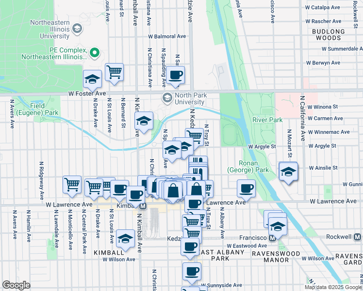 map of restaurants, bars, coffee shops, grocery stores, and more near 5001 North Sawyer Avenue in Chicago