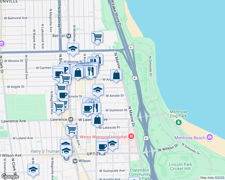 map of restaurants, bars, coffee shops, grocery stores, and more near 855 West Margate Terrace in Chicago