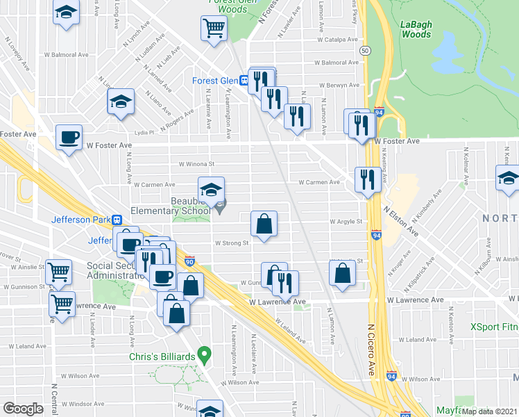 map of restaurants, bars, coffee shops, grocery stores, and more near 5043 West Argyle Street in Chicago