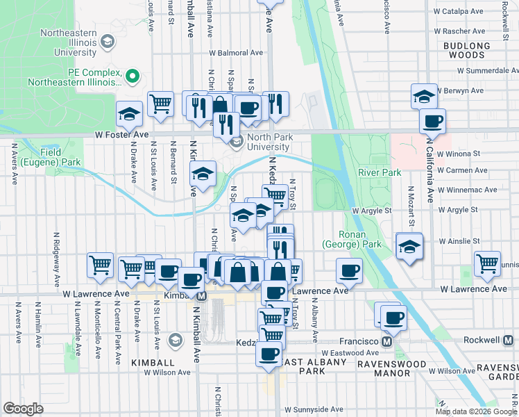 map of restaurants, bars, coffee shops, grocery stores, and more near 5031 North Sawyer Avenue in Chicago
