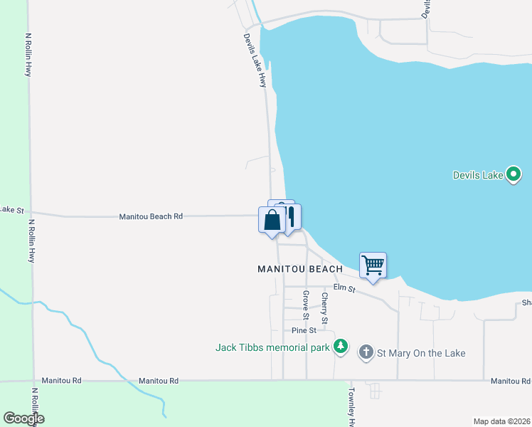 map of restaurants, bars, coffee shops, grocery stores, and more near 10000 Devils Lake Highway in Manitou Beach-Devils Lake