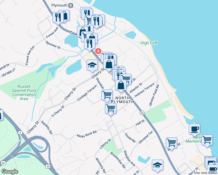 map of restaurants, bars, coffee shops, grocery stores, and more near 306R Court Street in Plymouth