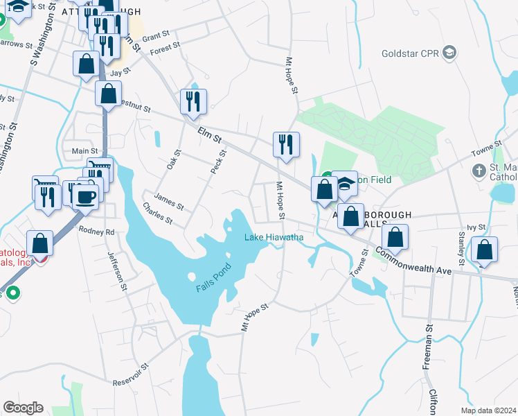 map of restaurants, bars, coffee shops, grocery stores, and more near 35 Bulfinch Street in North Attleborough