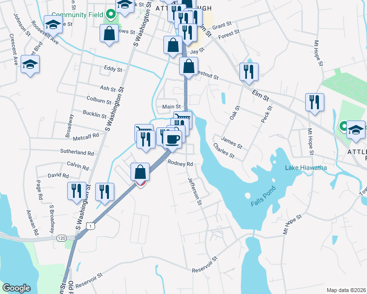 map of restaurants, bars, coffee shops, grocery stores, and more near 271 East Washington Street in North Attleborough
