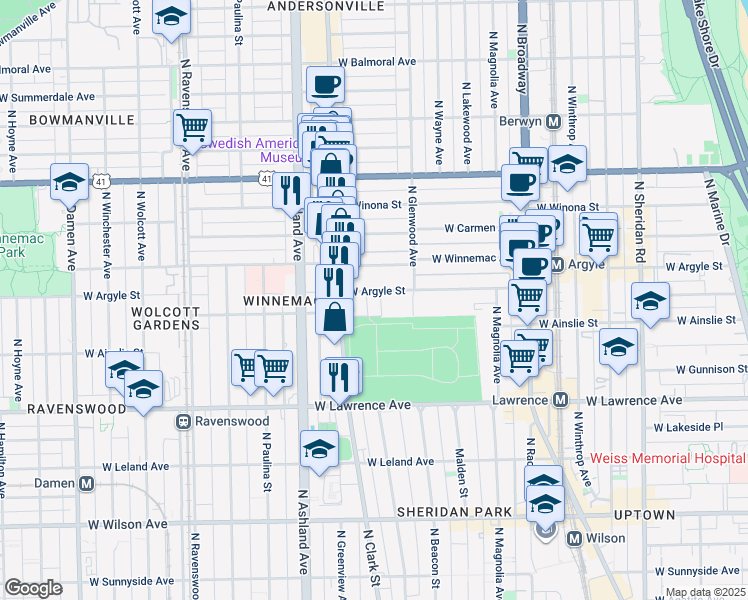map of restaurants, bars, coffee shops, grocery stores, and more near 1448 West Argyle Street in Chicago
