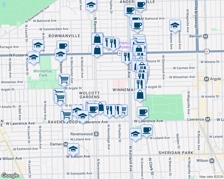 map of restaurants, bars, coffee shops, grocery stores, and more near 5015 North Hermitage Avenue in Chicago