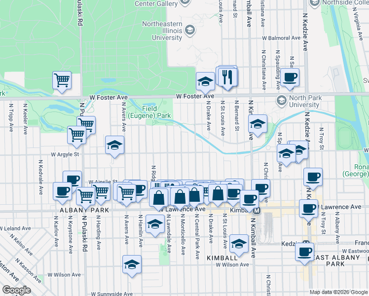 map of restaurants, bars, coffee shops, grocery stores, and more near 5034 North Monticello Avenue in Chicago