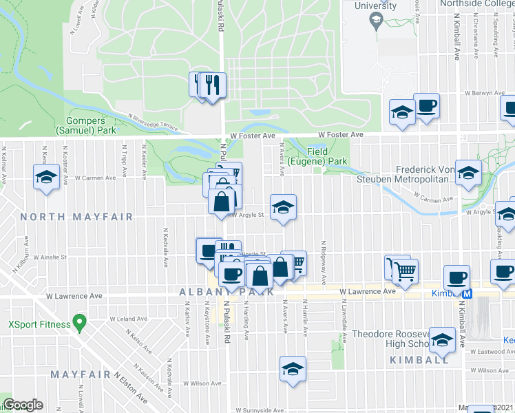 map of restaurants, bars, coffee shops, grocery stores, and more near 5034 North Springfield Avenue in Chicago