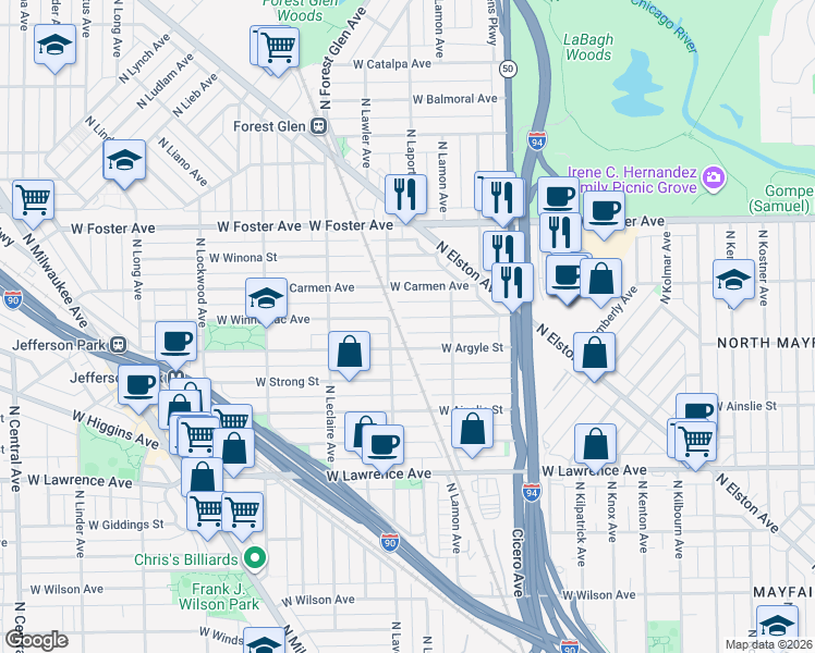 map of restaurants, bars, coffee shops, grocery stores, and more near 4926 West Winnemac Avenue in Chicago
