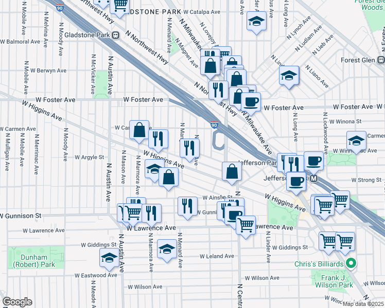 map of restaurants, bars, coffee shops, grocery stores, and more near 5026 North Major Avenue in Chicago