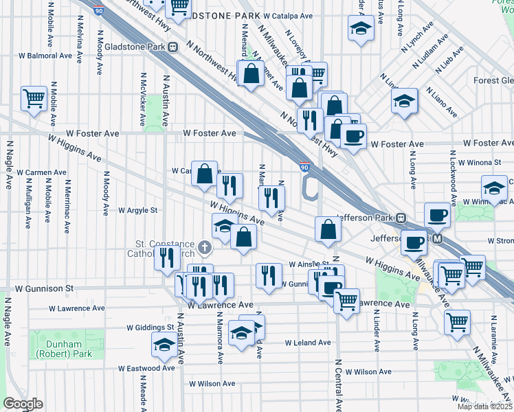 map of restaurants, bars, coffee shops, grocery stores, and more near 5034 North Mango Avenue in Chicago