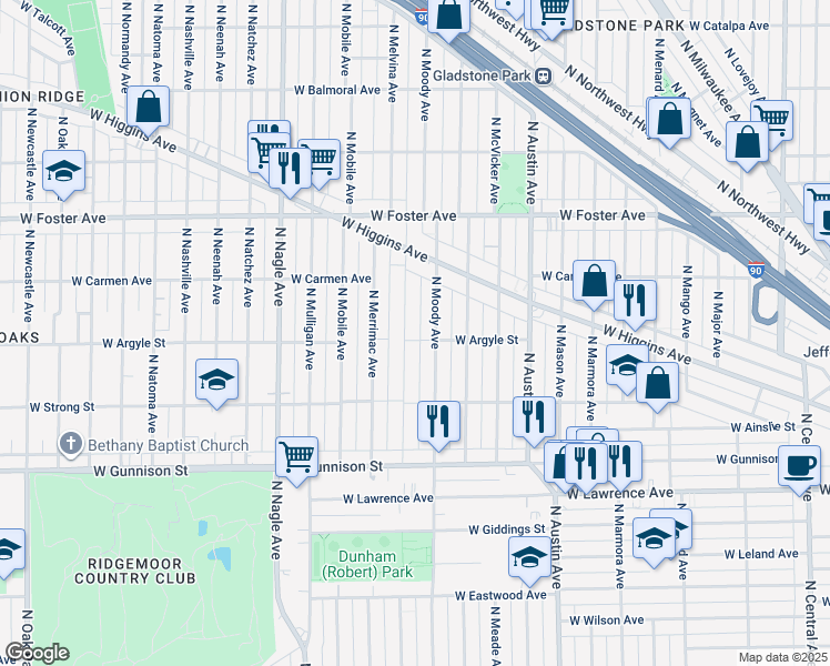 map of restaurants, bars, coffee shops, grocery stores, and more near 5031 North Melvina Avenue in Chicago