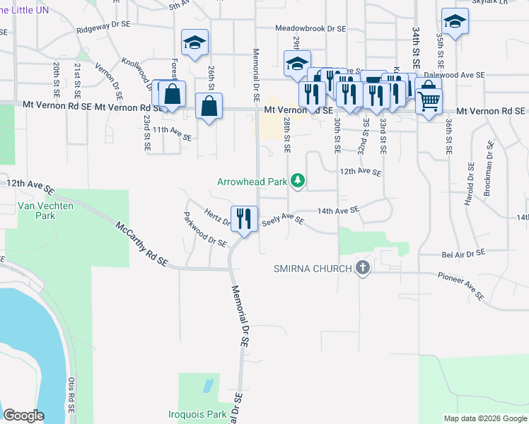 map of restaurants, bars, coffee shops, grocery stores, and more near 2706 14th Avenue Southeast in Cedar Rapids