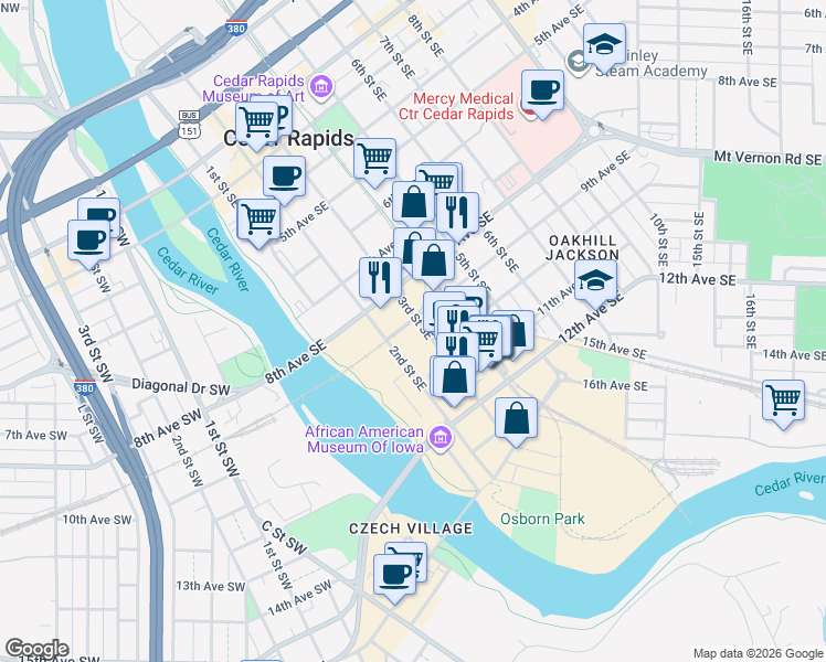 map of restaurants, bars, coffee shops, grocery stores, and more near 303 8th Avenue Southwest in Cedar Rapids