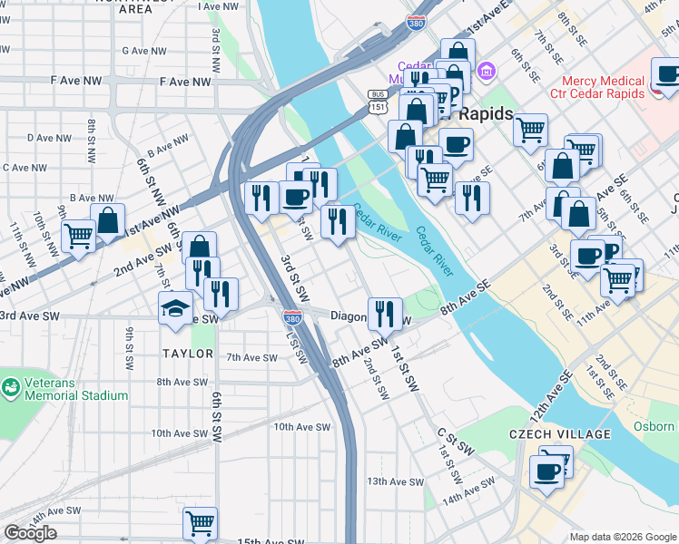 map of restaurants, bars, coffee shops, grocery stores, and more near 424 1st Street Southwest in Cedar Rapids