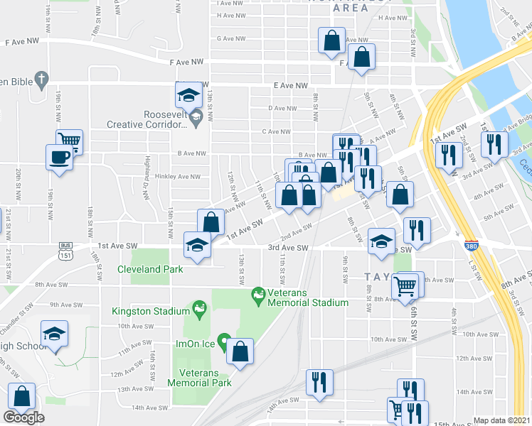 map of restaurants, bars, coffee shops, grocery stores, and more near 1021 A Avenue Northwest in Cedar Rapids