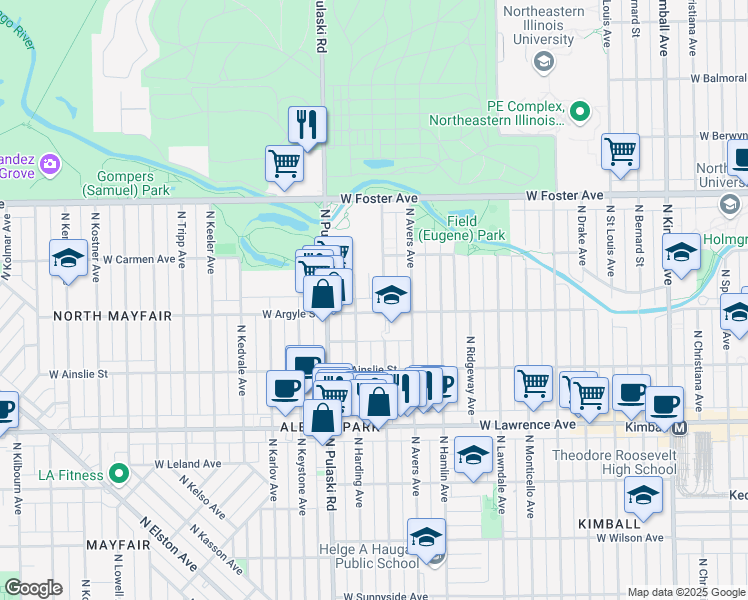 map of restaurants, bars, coffee shops, grocery stores, and more near 3906 West Argyle Street in Chicago
