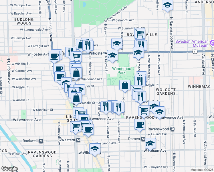 map of restaurants, bars, coffee shops, grocery stores, and more near West Argyle Street & North Leavitt Street in Chicago