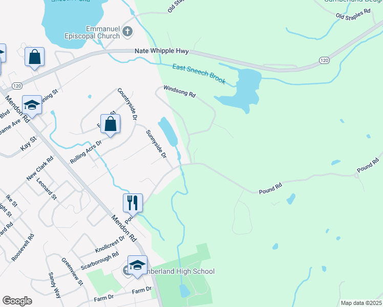 map of restaurants, bars, coffee shops, grocery stores, and more near 3 Windsong Road in Cumberland