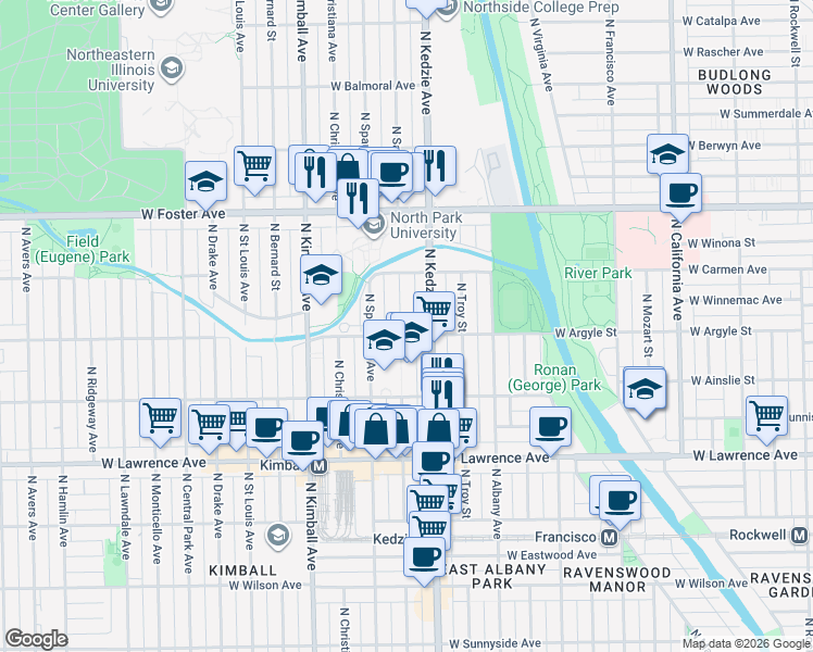 map of restaurants, bars, coffee shops, grocery stores, and more near 5005 North Sawyer Avenue in Chicago