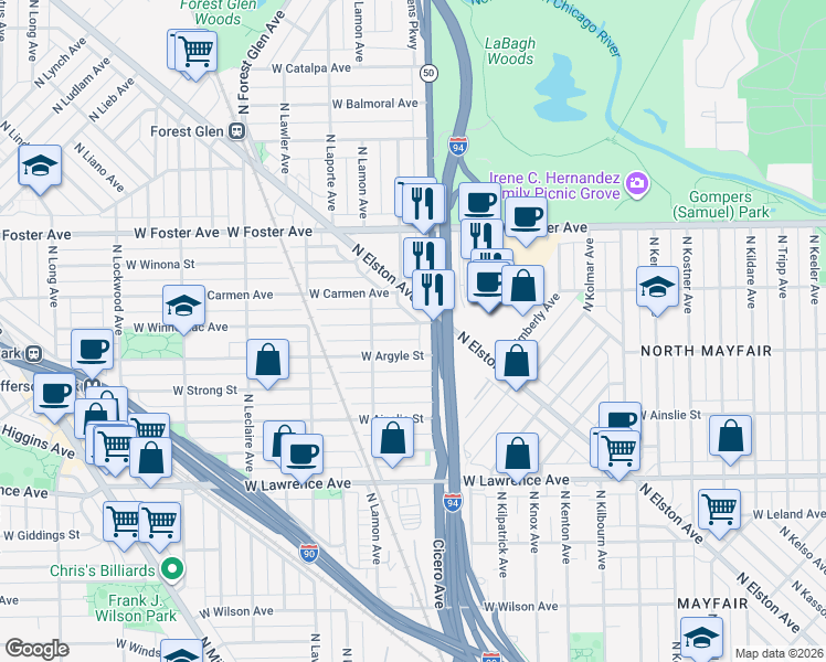 map of restaurants, bars, coffee shops, grocery stores, and more near 5072 North Elston Avenue in Chicago