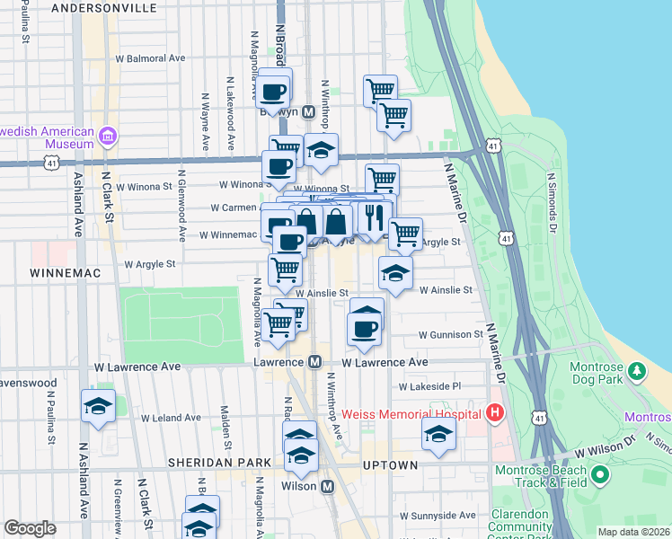 map of restaurants, bars, coffee shops, grocery stores, and more near 4929 North Winthrop Avenue in Chicago