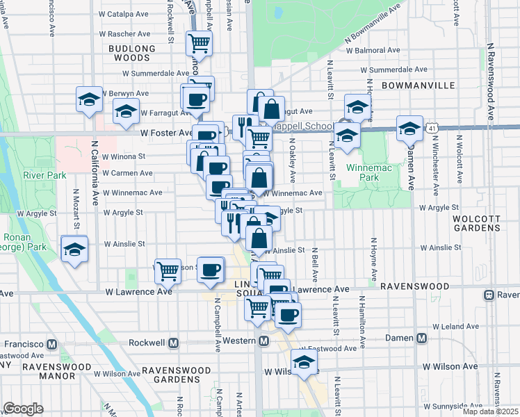 map of restaurants, bars, coffee shops, grocery stores, and more near 5001 North Western Avenue in Chicago