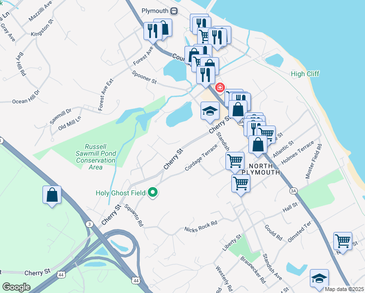 map of restaurants, bars, coffee shops, grocery stores, and more near 37 South Cherry Street in Plymouth