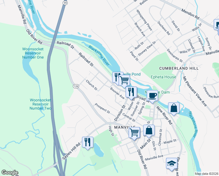 map of restaurants, bars, coffee shops, grocery stores, and more near 157 Railroad Street in Lincoln