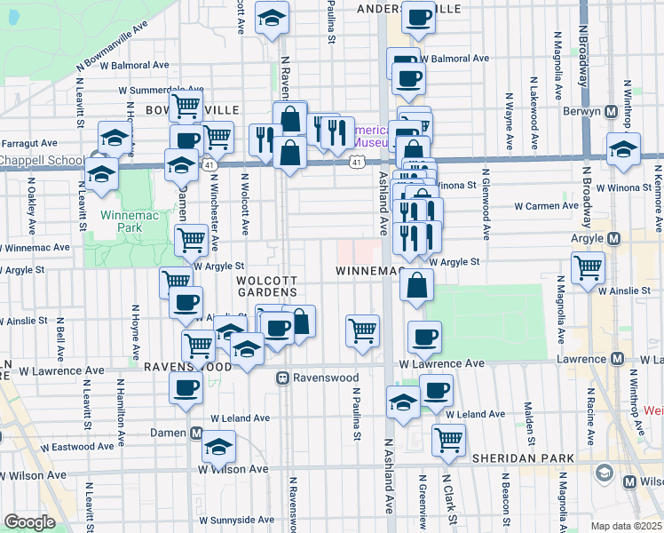 map of restaurants, bars, coffee shops, grocery stores, and more near 5015 North Hermitage Avenue in Chicago