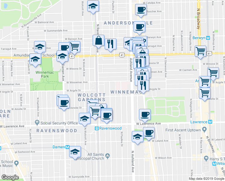 map of restaurants, bars, coffee shops, grocery stores, and more near 5015 North Hermitage Avenue in Chicago