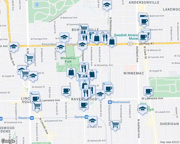 map of restaurants, bars, coffee shops, grocery stores, and more near 5016 North Winchester Avenue in Chicago
