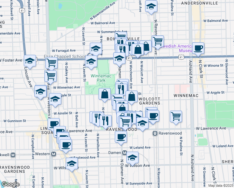 map of restaurants, bars, coffee shops, grocery stores, and more near 5017 North Damen Avenue in Chicago