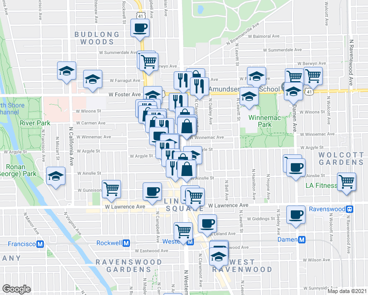 map of restaurants, bars, coffee shops, grocery stores, and more near 2351 West Winnemac Avenue in Chicago