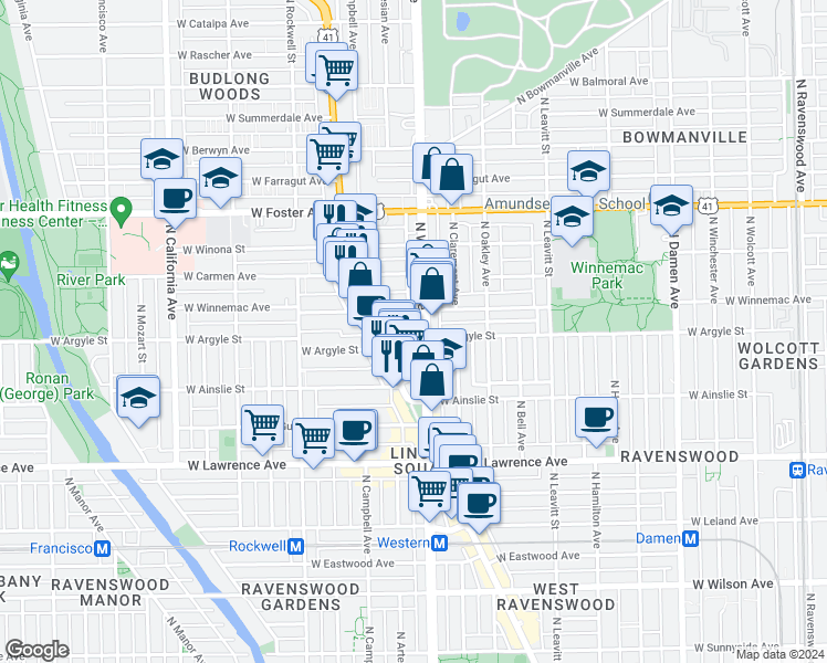map of restaurants, bars, coffee shops, grocery stores, and more near 2423 West Winnemac Avenue in Chicago