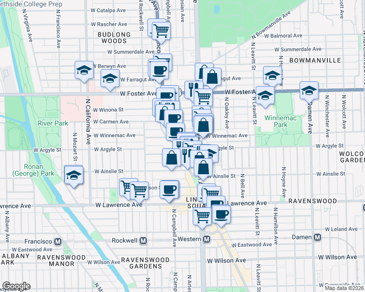 map of restaurants, bars, coffee shops, grocery stores, and more near 2423 West Winnemac Avenue in Chicago