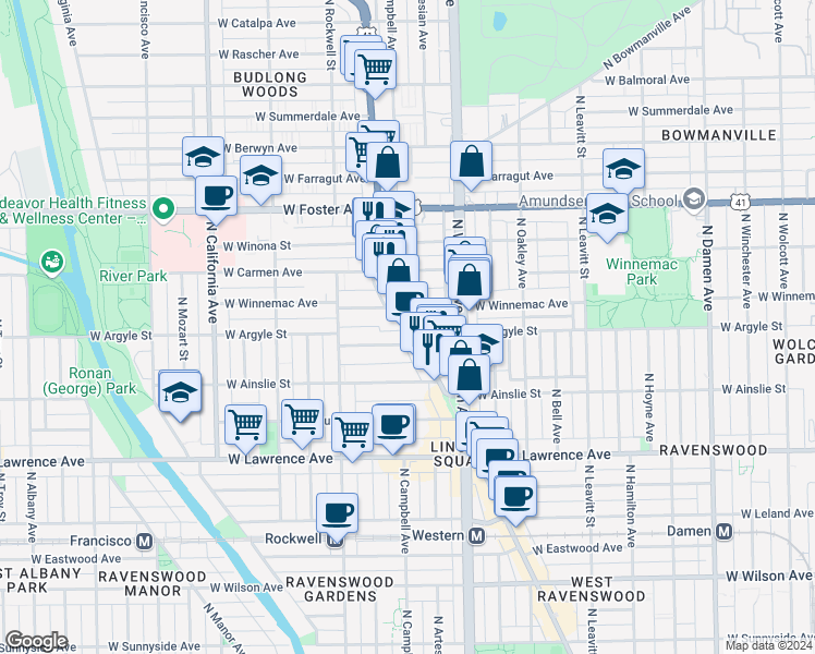 map of restaurants, bars, coffee shops, grocery stores, and more near 5067 North Lincoln Avenue in Chicago