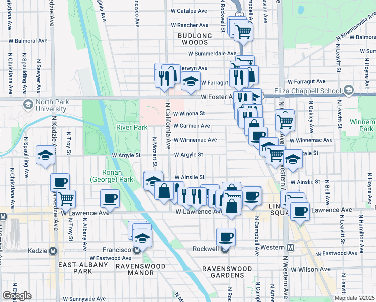 map of restaurants, bars, coffee shops, grocery stores, and more near 2725 West Winnemac Avenue in Chicago