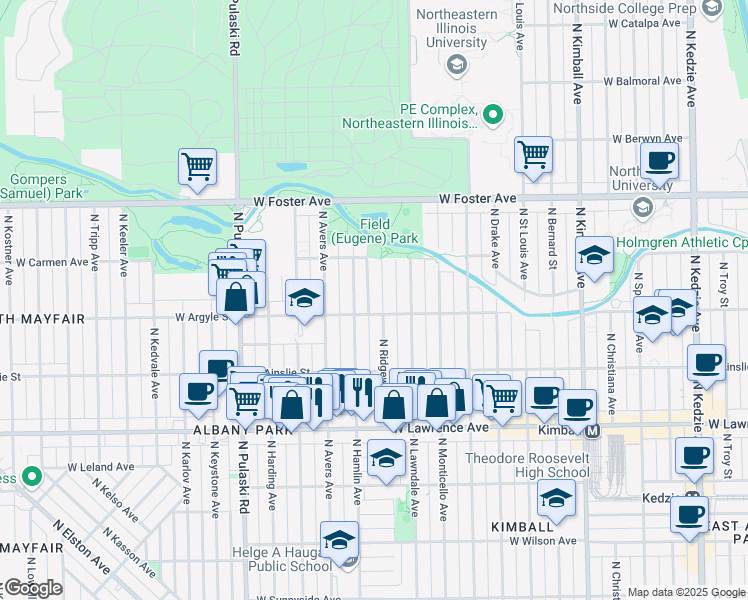 map of restaurants, bars, coffee shops, grocery stores, and more near 5037 North Hamlin Avenue in Chicago