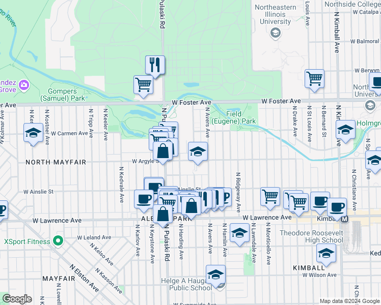 map of restaurants, bars, coffee shops, grocery stores, and more near 5034 North Springfield Avenue in Chicago