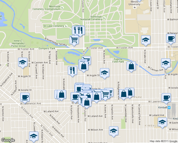 map of restaurants, bars, coffee shops, grocery stores, and more near 5034 North Harding Avenue in Chicago