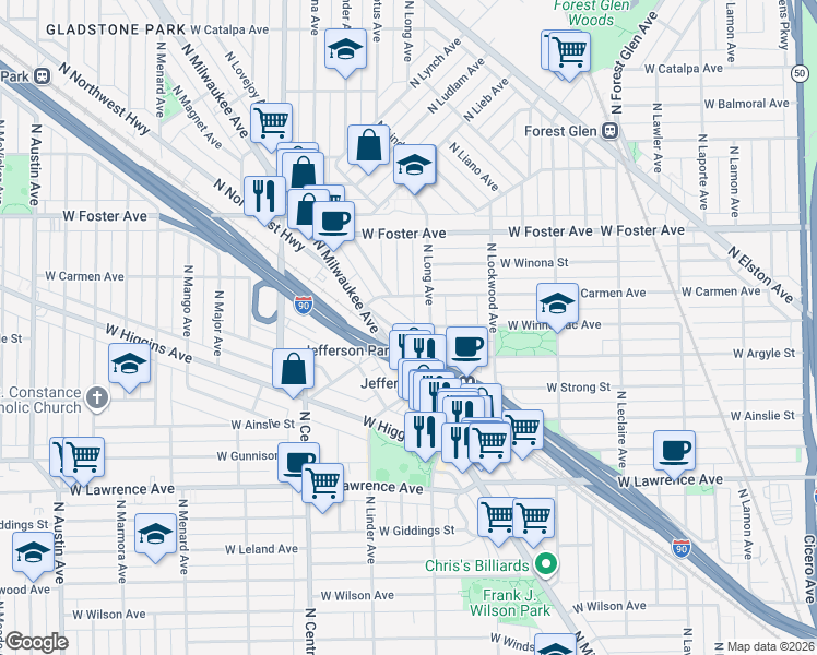map of restaurants, bars, coffee shops, grocery stores, and more near 5421 West Carmen Avenue in Chicago