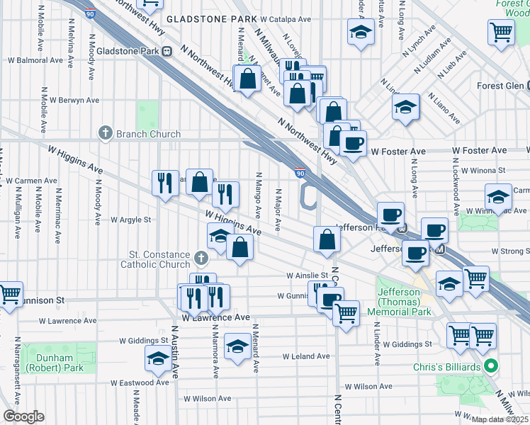 map of restaurants, bars, coffee shops, grocery stores, and more near 5034 North Mango Avenue in Chicago